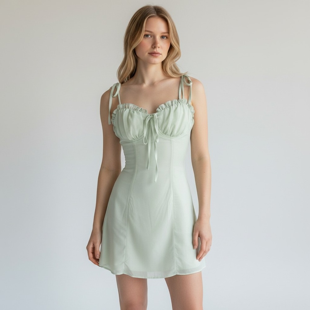 Women's Light Sage Green Corset Mini Dress Tie Strap Ruffle Bustier Fit Flare